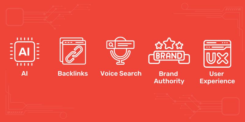Illustrations of AI, backlinks, voice search, brand authority, and user experience concepts on a red tech-themed backdrop.